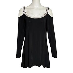 Joseph Ribkoff Slinky Black Tunic Top Size 12 Cold Shoulder Jersey Rhinestones